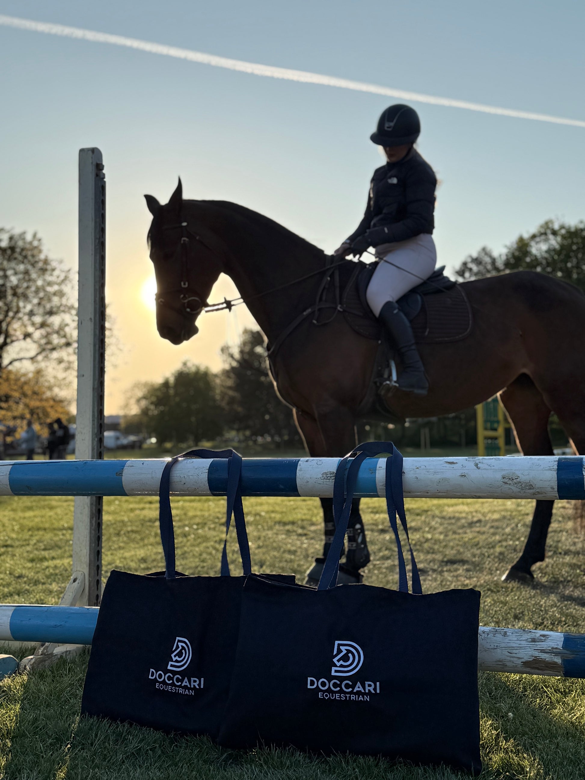 stable tote in front of rider